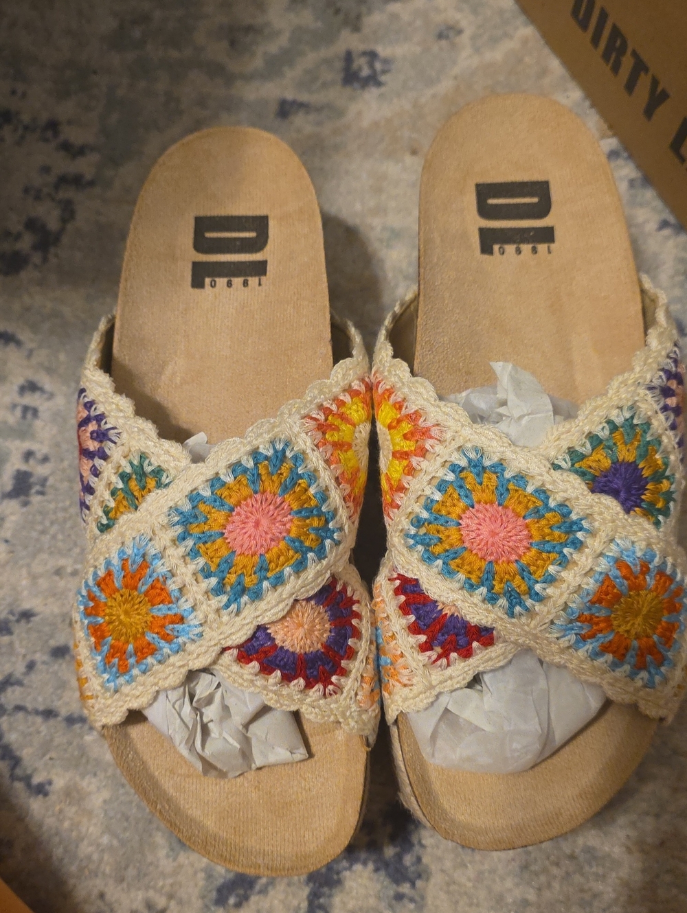 Dirty Laundry Cream Crochet Cross-Strap Mules with Multicolor Squares